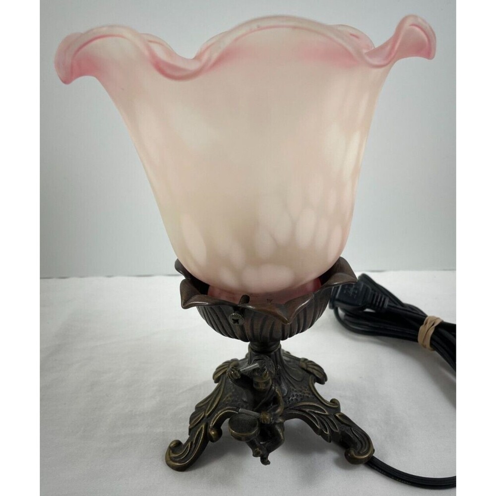 Andrea By Sadek Table Lamp Bronze Leaf Cherub Drummer Trumpet Tulip Shade Pink